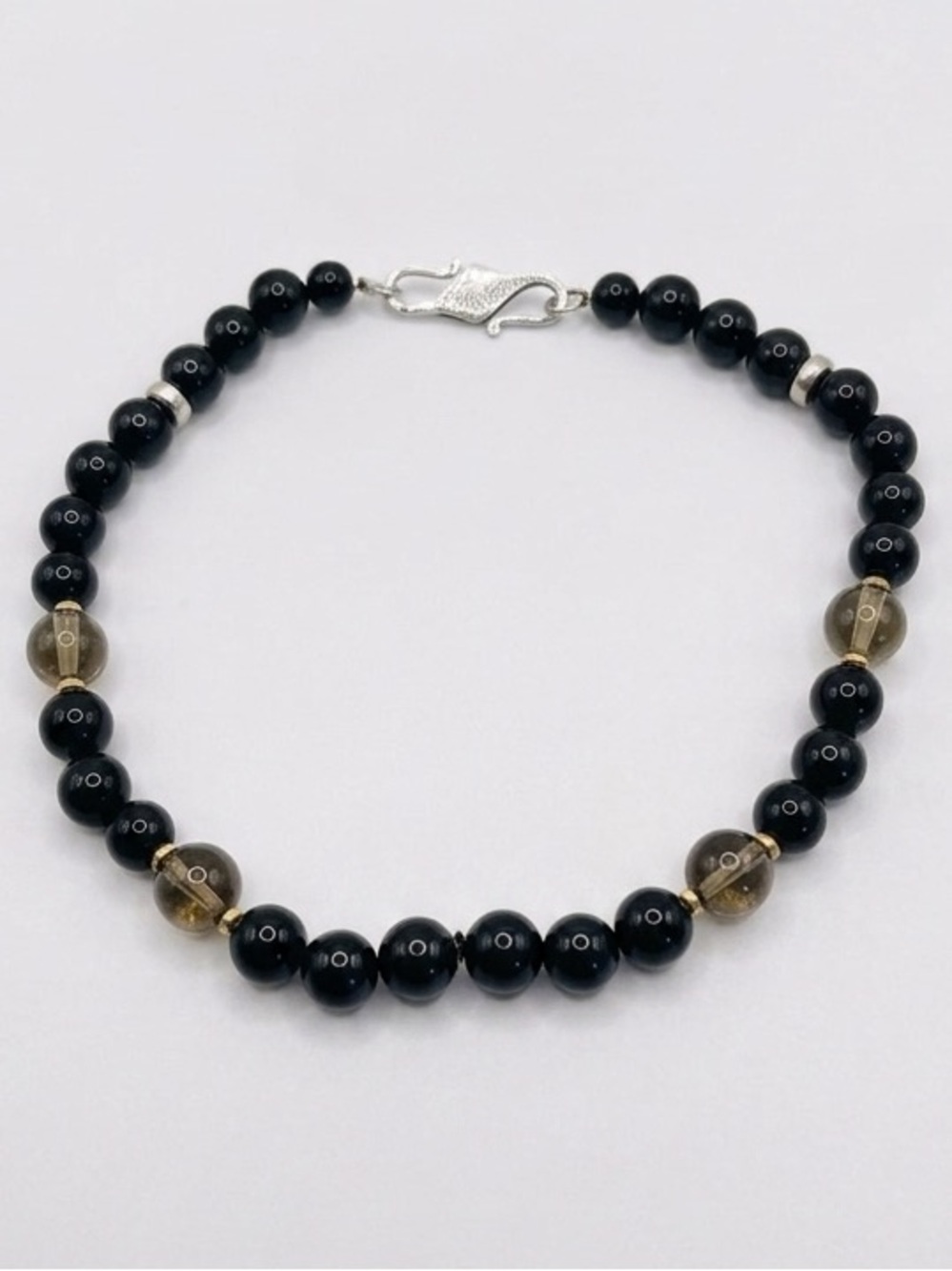 Sterling Silver & Black Onyx Beaded Necklace - Smokey Quartz Accents